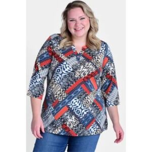 CJ Banks Womens 2X Patchwork Print 3/4‎ Sleeve V Neck Blouse Top NWT $54